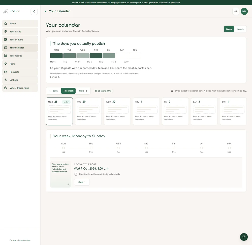 Sample studio dashboard, calendar