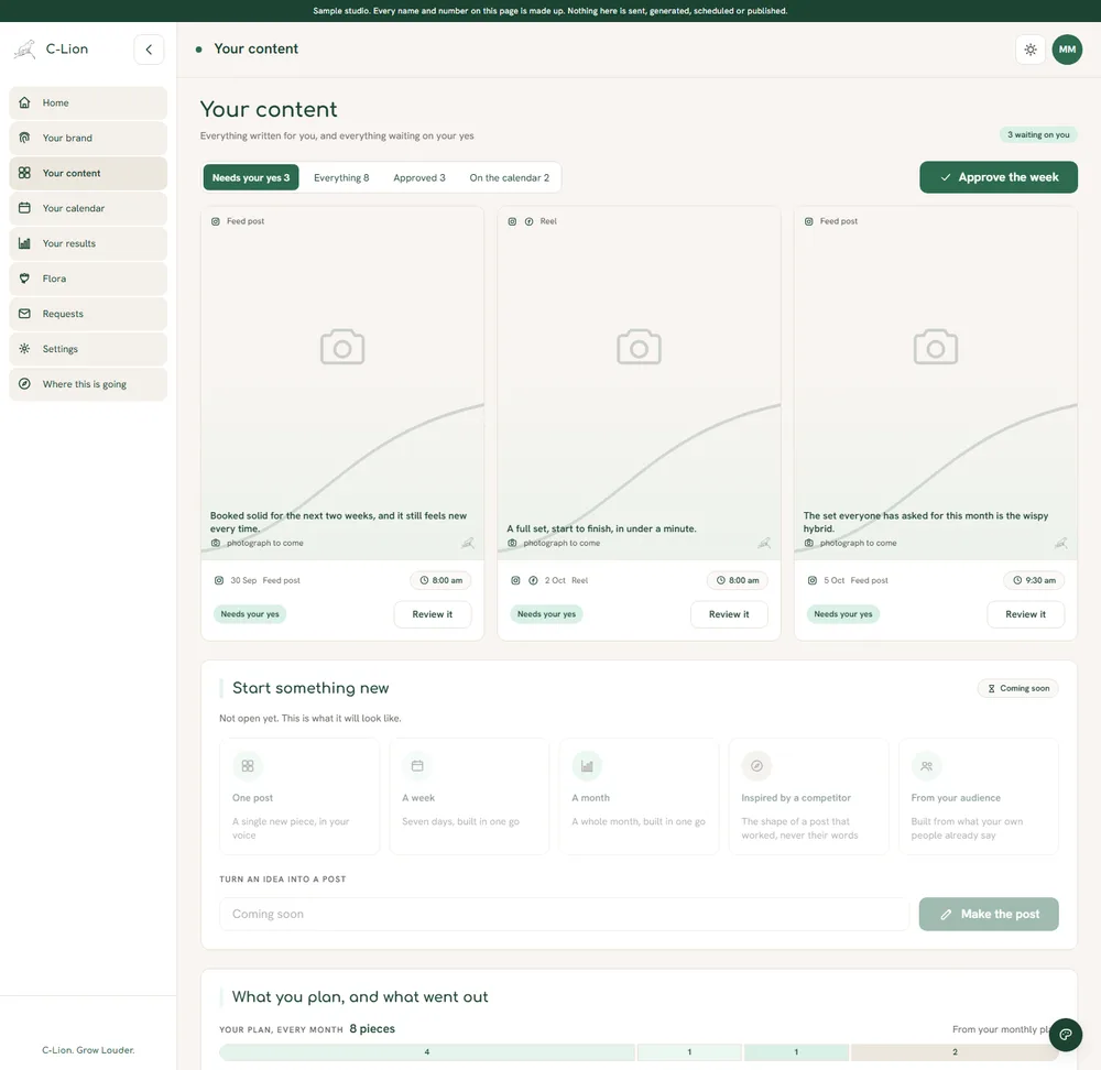 Sample studio dashboard, a post ready to approve