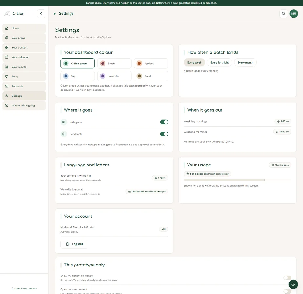 Sample studio dashboard, account settings